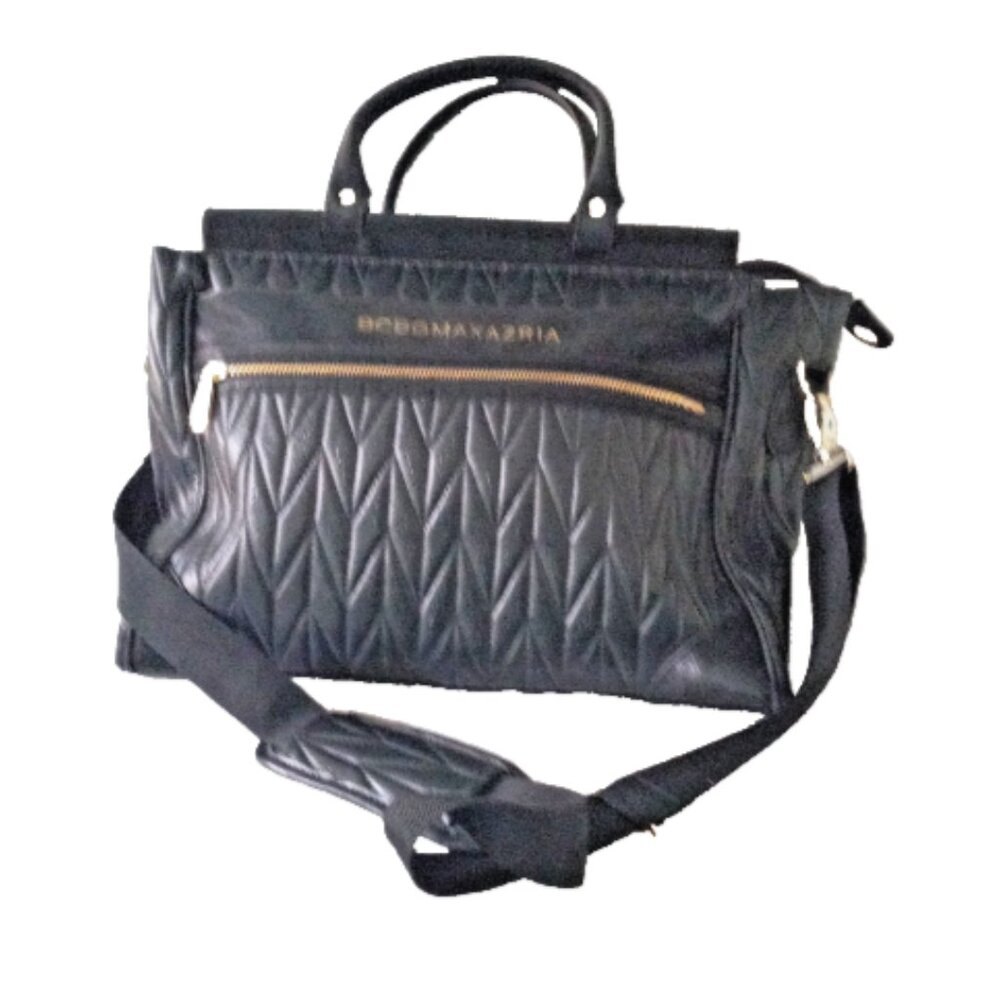 BCBGMaxAzria Black Quilted Leather Travel Tote with Gold Zip